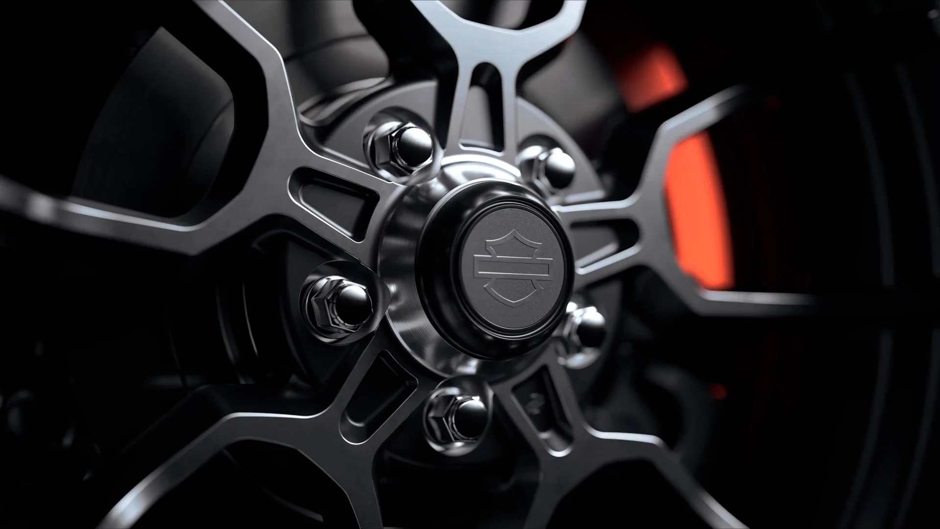 A Harley-Davidson wheel and brake in close detail.