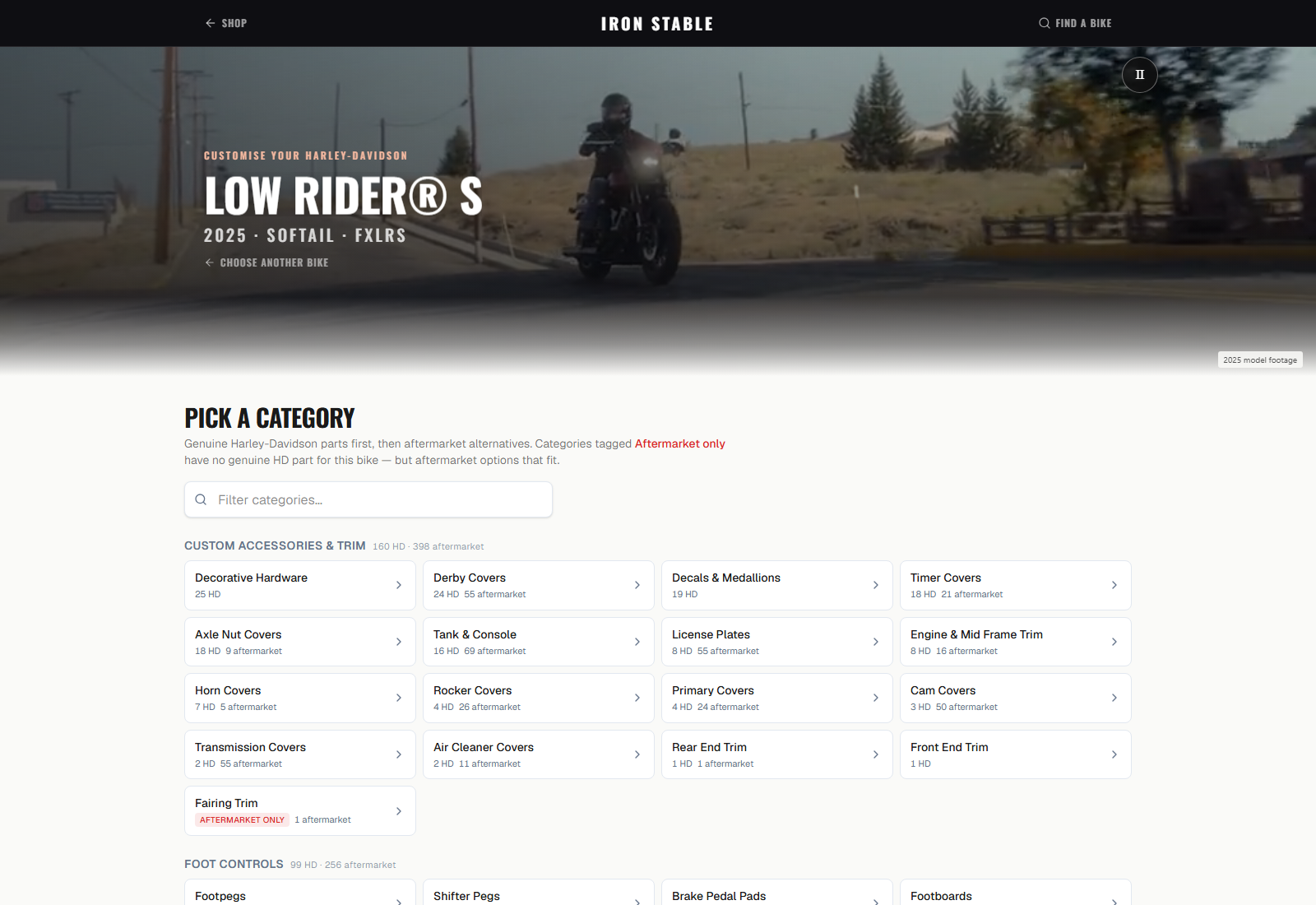Iron Stable bike customisation for the 2025 Low Rider S, with bike-specific categories for genuine Harley-Davidson accessories and aftermarket parts