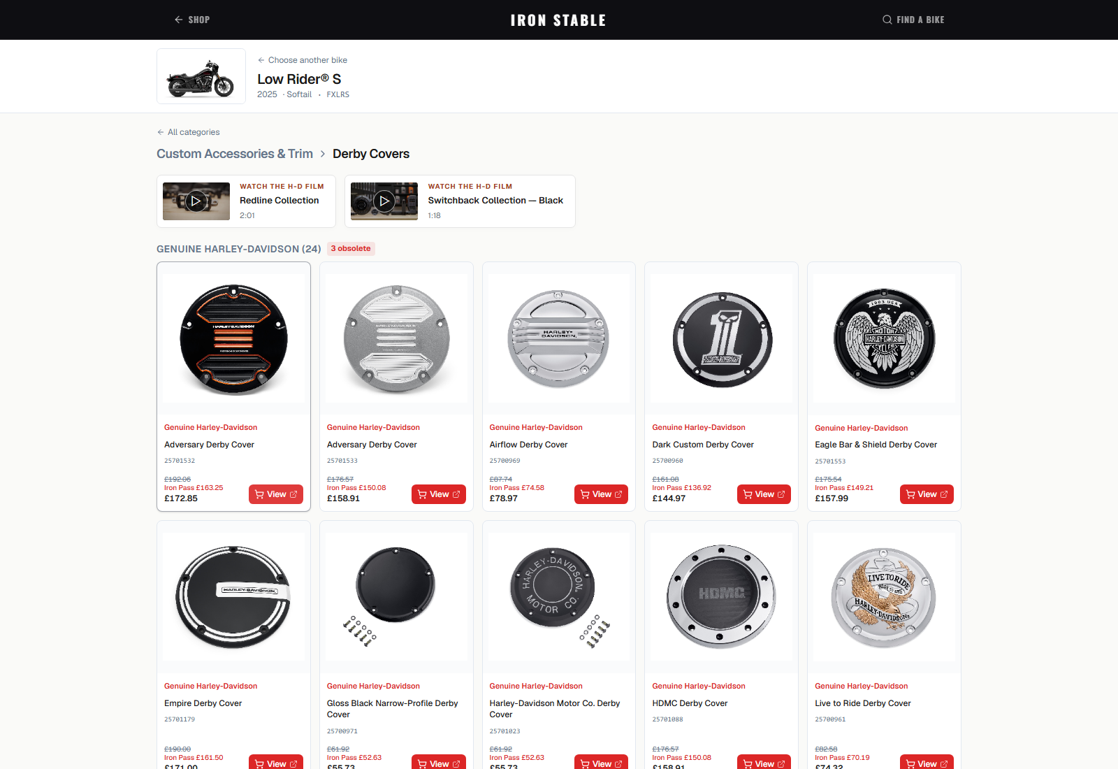 Derby Covers for the selected 2025 Low Rider S, showing the genuine Harley-Davidson products offered for this bike
