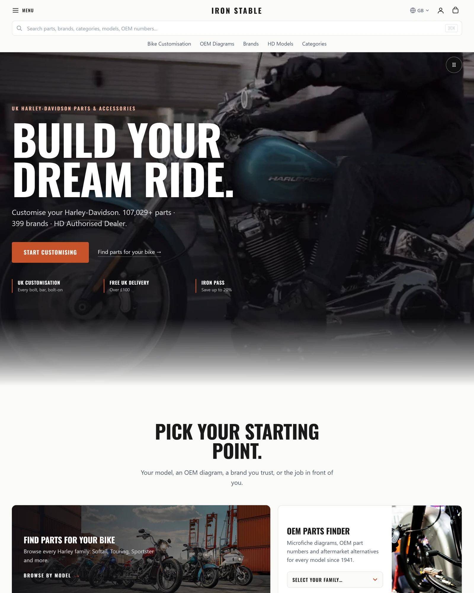 Iron Stable's live homepage: Build your dream ride, parts search and OEM parts finder.