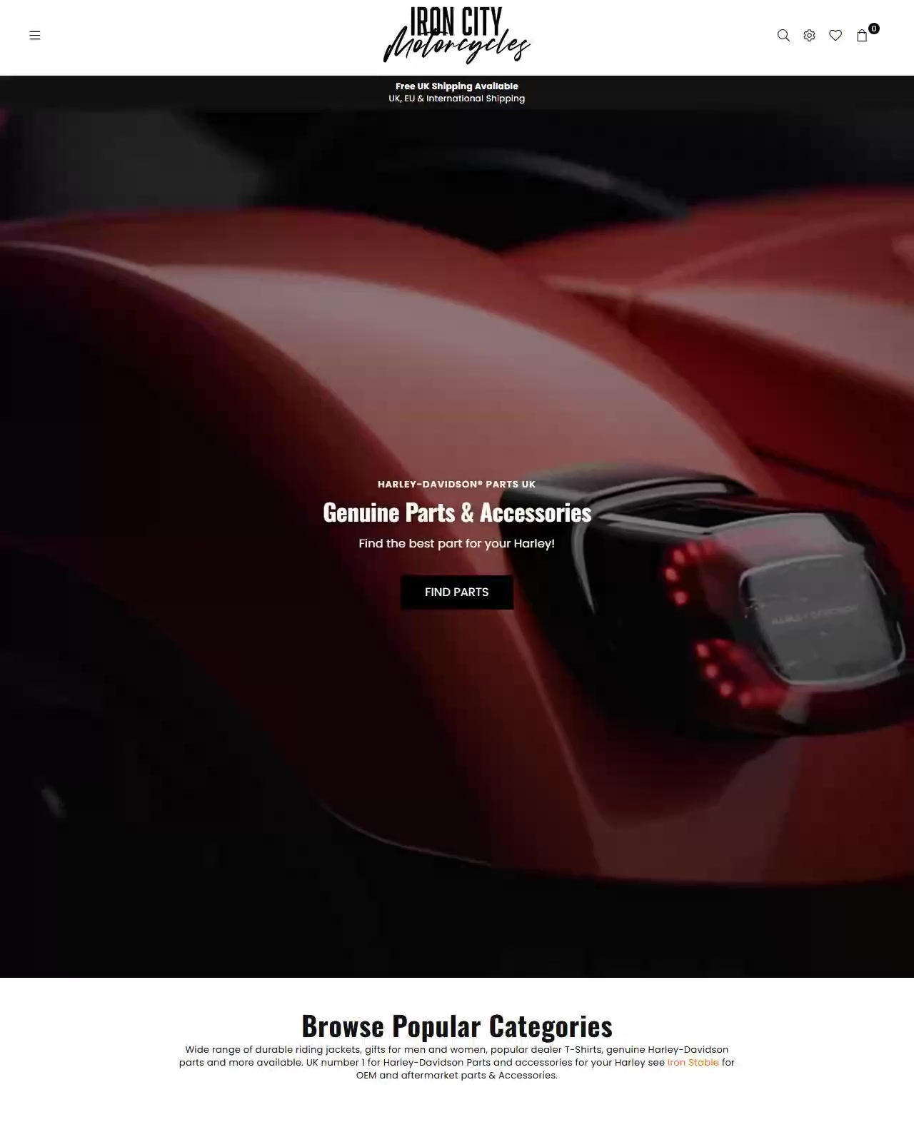 Iron City Motorcycles Shopify store, showing its Harley-Davidson parts, clothing and accessories.