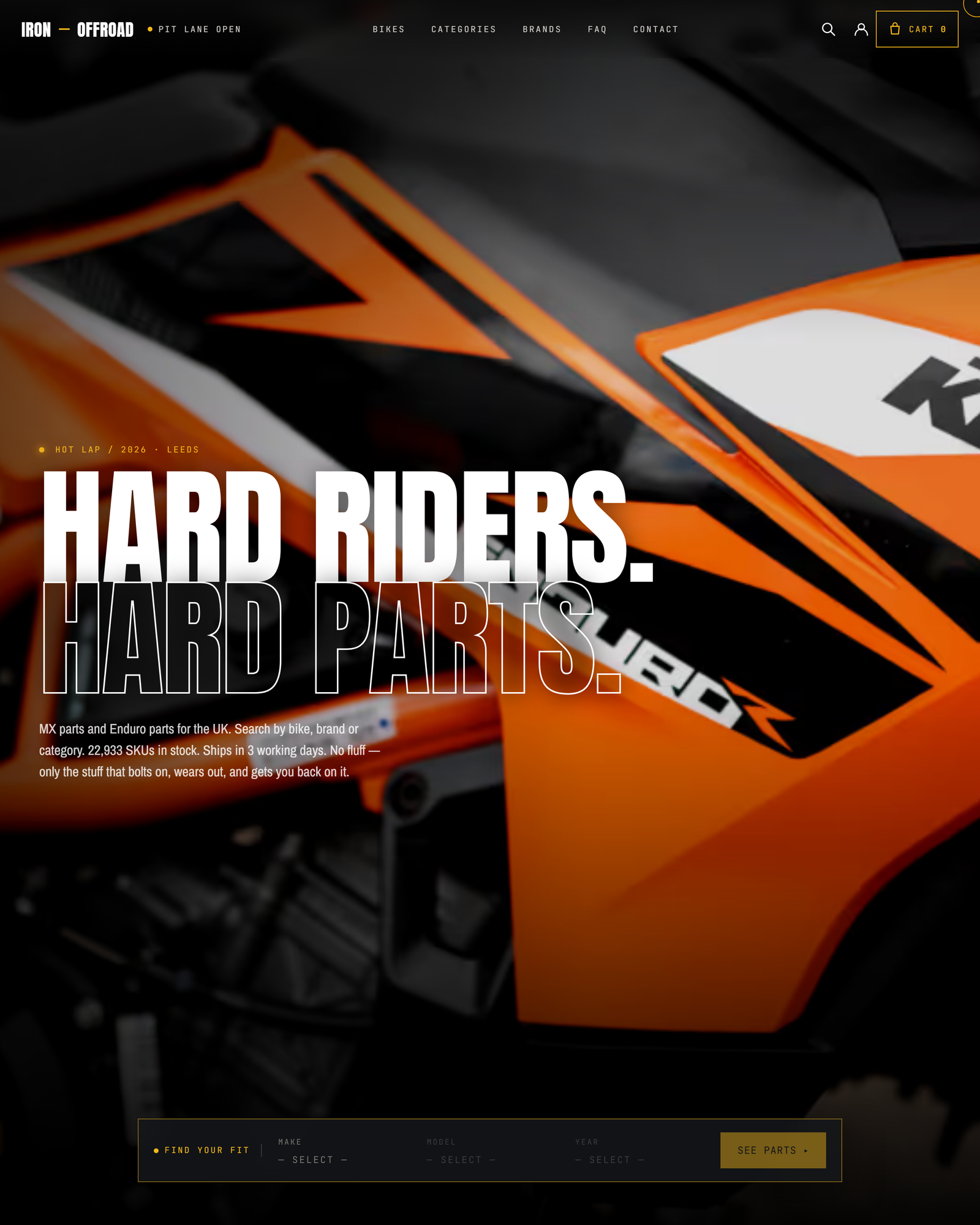 Iron Offroad website with its orange dirt-bike opening, typography and parts finder.