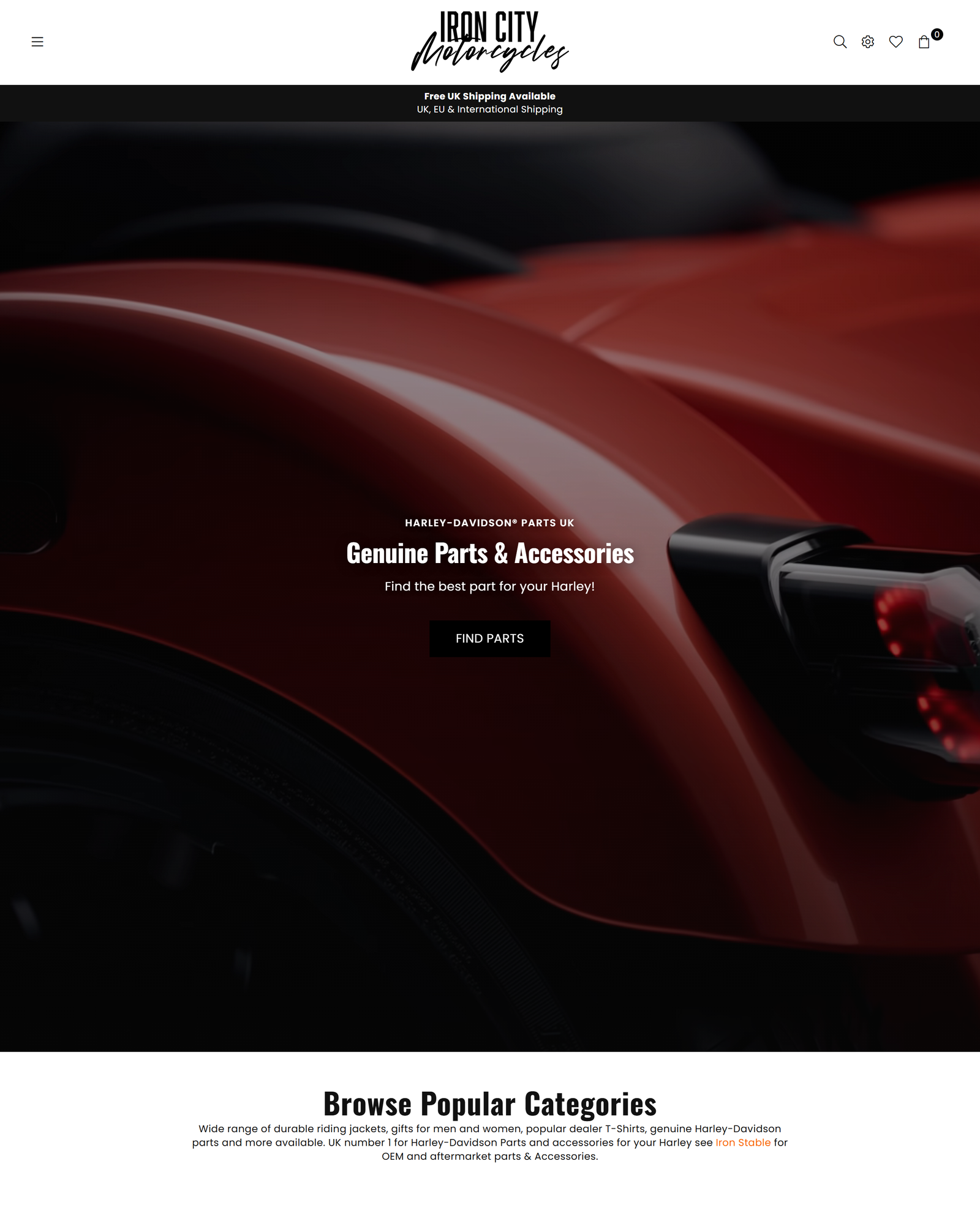 Iron City Motorcycles Shopify store, with Harley-Davidson parts, clothing and accessories.